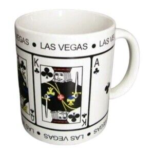 Royal Flush Las Vegas White Ceramic Coffee Mug Cup Souvenir Cards Poker Colorful